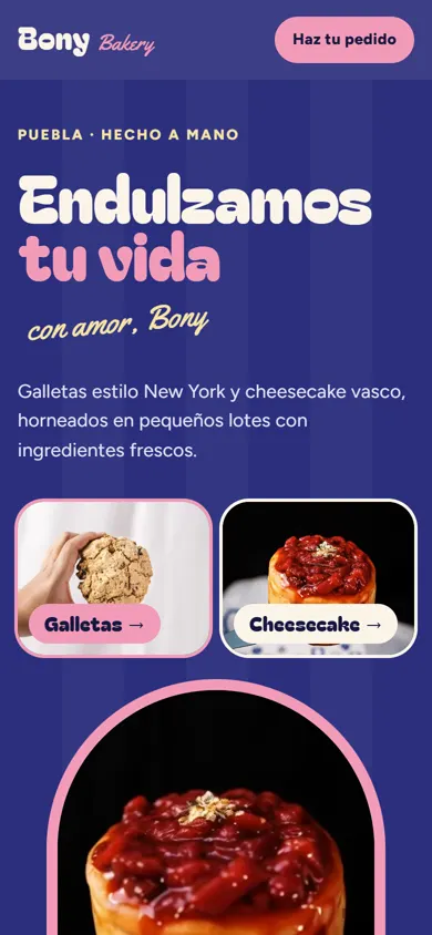 Sitio web de Bony Bakery en celular