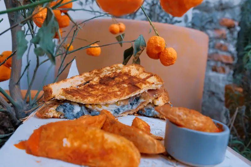 Sándwich y empanadas con naranjas
